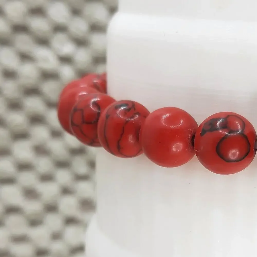 Artisan Red Howlite Beaded Bracelet 8mm Black Lava Stone Diffuser Unisex Boho